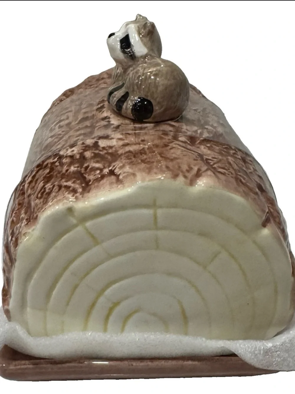 Large Heritage Harvest Fall Butter Dish w/Forest Raccoon on Log New